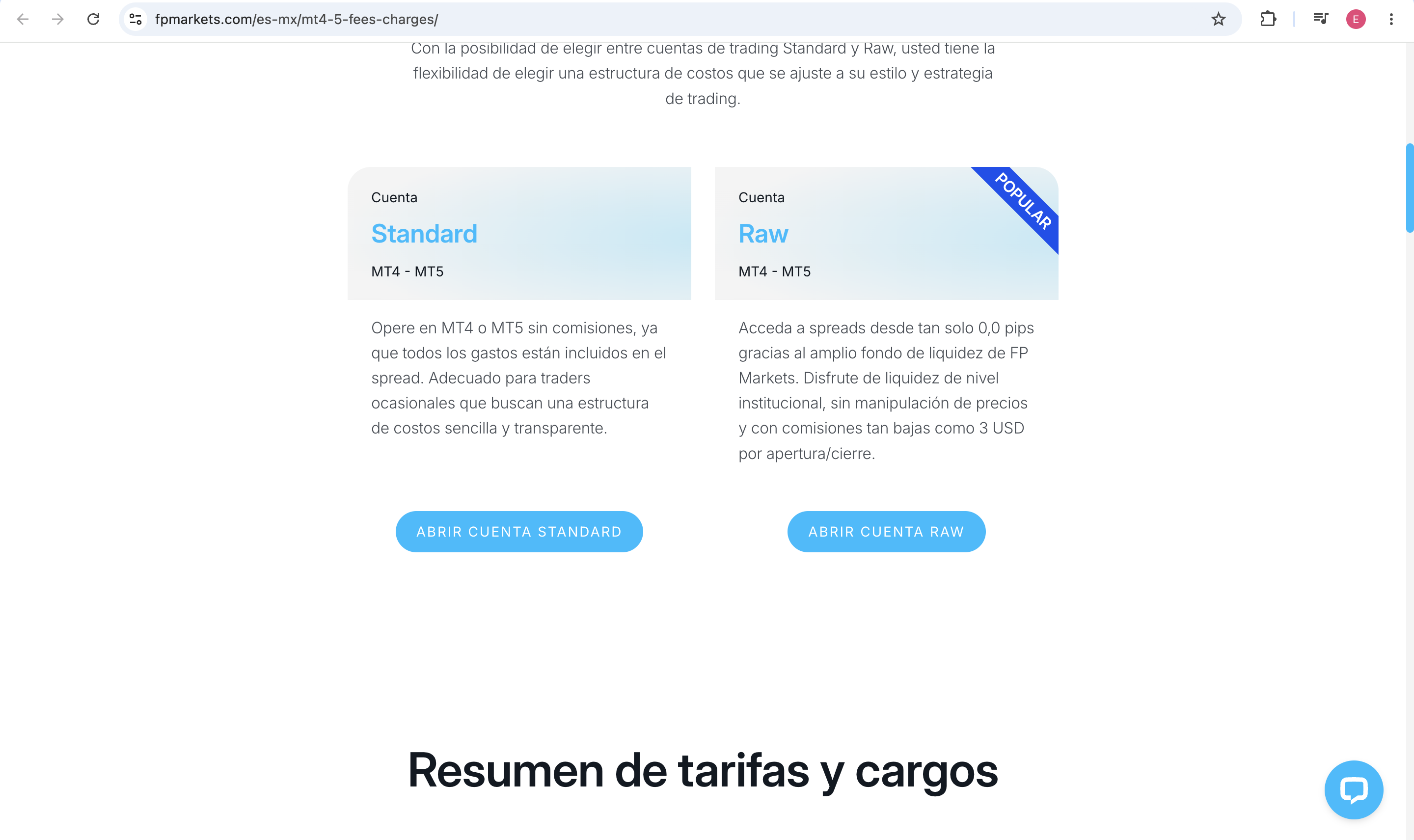 Descripción visual Standard/Raw para MT4/MT5; Raw menciona comisiones desde 3 USD por apertura/cierre.